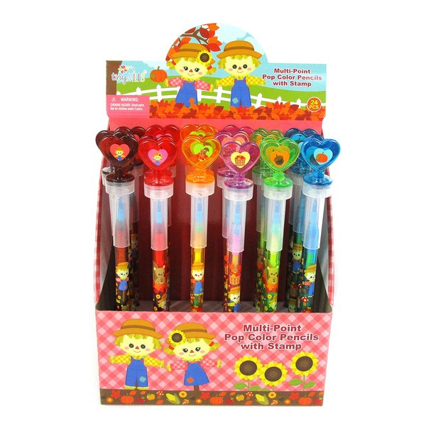 TINYMILLS 24 Pcs Fall Harvest Thanksgiving 2 in 1 Stackable Stacking Crayon with Extra Stamper Topper, Kids Party Favors, Goodie Bag Stuffers, Classroom Rewards, Prizes