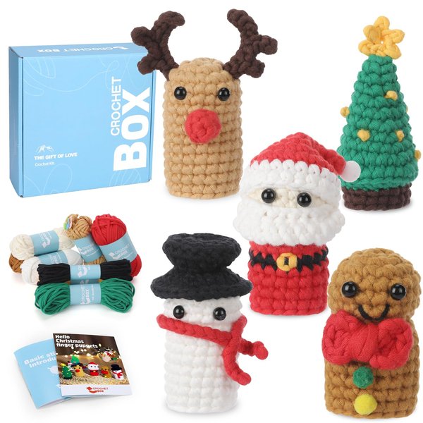 Christmas Crochet Kit for Beginners - Christmas Crochet Finger Puppets Toys Starters Crocheting Kit, Beginners Kitting for Adults Kids, Christmas Gifts with Crochets Yarns, Hook, Step-by-Step Video