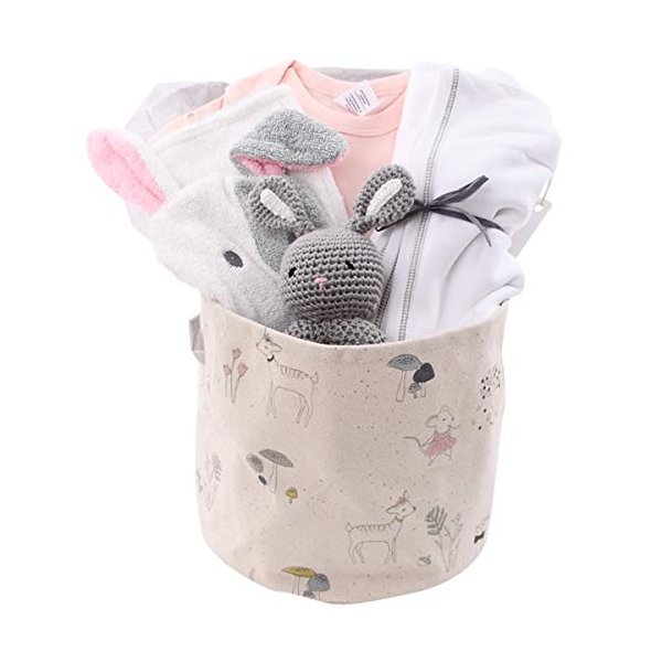 Organic Baby Gift Basket - Meadow Days -Bunny Rattle, Clothes and Swaddle Blanket (3-6 Months)