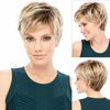 Jolelyne Short Blonde Pixie Cut Layered Wig with Bangs Ombre Light Brown Wig Short Curly Wigs for White Black Women Wavy Fluffy Layered Synthetic Natural Looking Ombre Blonde Wig with Dark Roots Wig