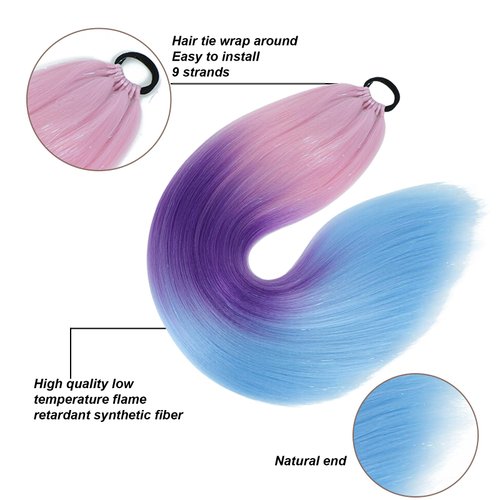 Newshair Colorful Ponytail Extension with Hair Tie, 26 inch Ombre Braid Ponytail Blend Hair Tinsel for Holiday Party Rainbow Festival(100g 1 Packs #Pink/Dark Purple/Blue)