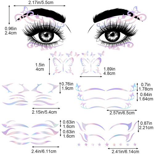 ANCIRS 6 Pack Holographic Stickers for Eye Makeup, Temporary Crystal Face Tattoo Cat Eyebrow Stickers for Halloween Carnival Party Cosplay Music Festival Decoration- Multicolors