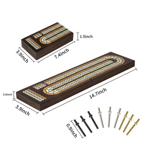 WodGod Cribbage Board Game Set,with 9 Metal Pegs,2 Decks of Playing Cards,Built-in Magnetic Storage,Instruction Included, Foldable, Easy to Store and Carry (3 Track Board)