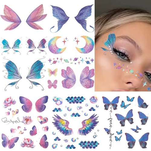 Uranian Butterfly Temporary Tattoo Stickers Glitter Face Tattoos for Women Girls Kids Butterflies Wings Flowers Moon Fake Body Tattoos Waterproof Sticker for Face Makeup Festival Rave Carnival (6 Sheet)