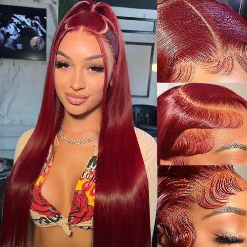 Amadaier 30 inch Lace Front Wig Human Hair 180 Density 99J Burgundy Lace Front Wigs Human Hair with Baby Hair 13x4 Frontal Wigs Human Hair Natural Hairline(30inch)