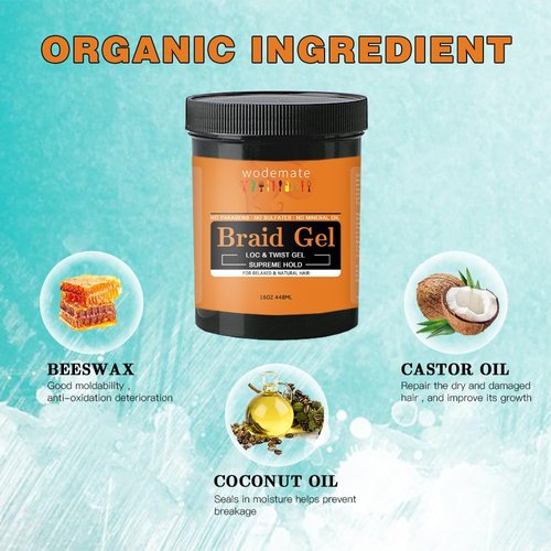 wodemate Braiding Gel | Neat Braid Gel & Shining Hair Jam & Edge Control |Extreme Hold, No Flaking & Long Lasting | Loc Gel for Retwist, Box Braids & Cornrows | 16 oz