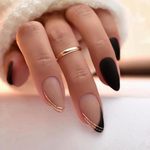 Almond Press on Nails Long Oval Fake Nails Black French Tip Acrylic Nails with Gold Lines Design Full Cover Natural Glue on Nails Reusable Stick on Nails for Women Girls