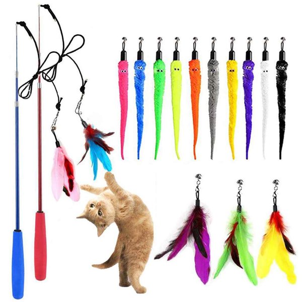 OODOSI Cat Toy Wand, Retractable Cat Feather Toys and Replacement Refills with Bells, Interactive Cat Toys for Cat Kitten Exercise