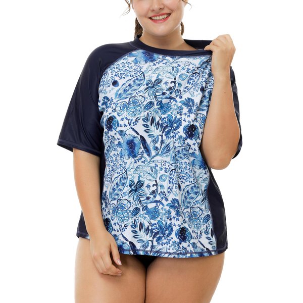 ATTRACO Plus Size Rashguard for Women Sun Protection Shirt Floral Print Navy 3X