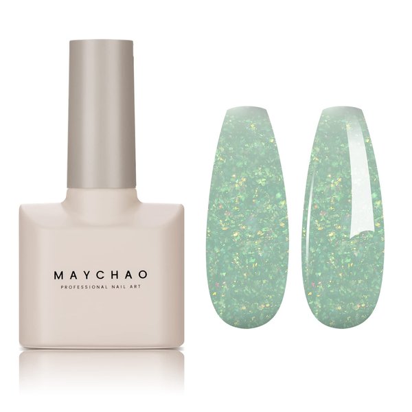 MAYCHAO 15ML Light Green Glitter Gel Nail Polish 1Pc Green Shimmer Gel Polish Soak Off UV LED Nail Polish Nail Art Starter Manicure Salon DIY at Home, 0.5 OZ
