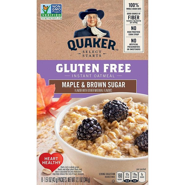 Quaker Select Starts Gluten Free Instant Oatmeal, Maple and Brown Sugar, 12.1 oz Box - 8-1.51 oz Packets