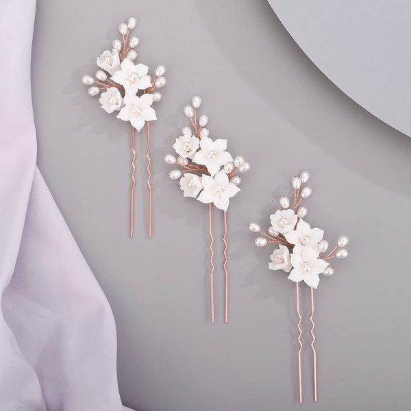 Chargances 3pcs White Flower Pearl Hair Pins Bridal Rose Gold Pearl Beaded Hair Pins Handmade Wedding Hair Accessories for Women Girls Bridesmaids (Rose Gold)