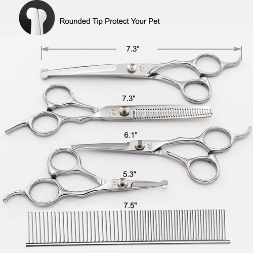 Dog Grooming Scissors Kit with Round Tip, Set of 5 Cat Dog Scissors, Stainless Steel Pet Grooming Shears, Straight, Curved, Thinning Shears, Comb for Full Body, Face, Nose, Ear & Paw
