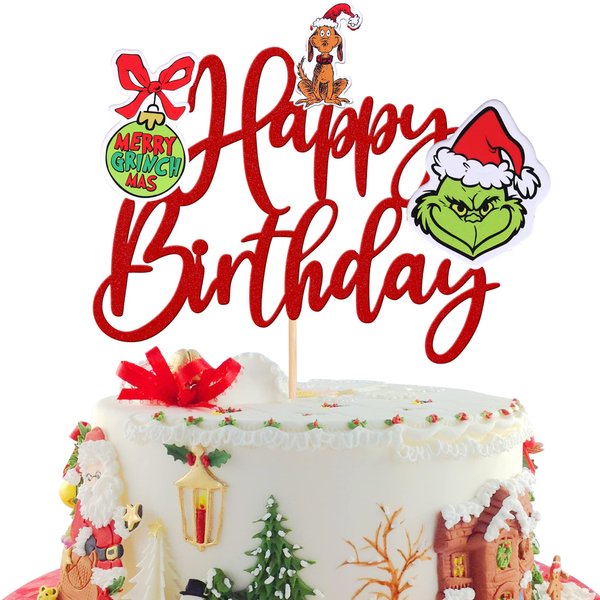 1 PCS Grinch Happy Birthday Cake Topper Assembled Red Glitter Christmas Dog Merry Grinchmas Cake Pick Decorations for Christmas Theme Baby Shower Kids Birthday Party Cake Decorations Supplies