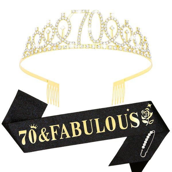 YARIEW Gold Crown + 70 & Fabulous Birthday Sash + Pearl Pin Set, 70th Birthday Decorations, 70th Birthday Gifts for Women, 70th Birthday Party Favor…