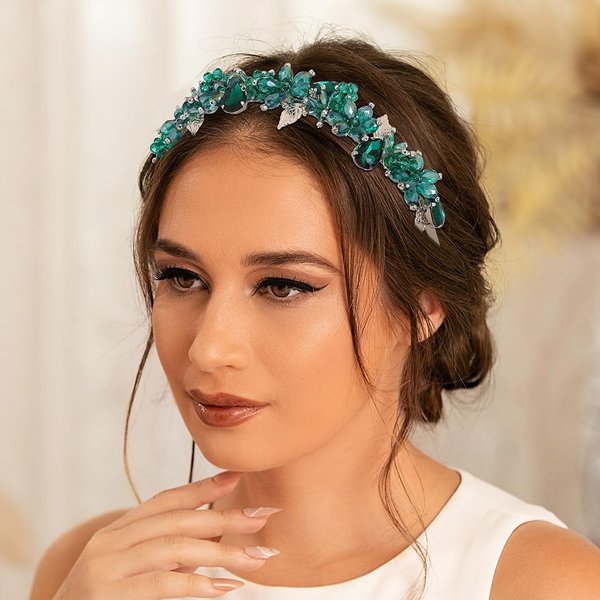 Formery Green Crystal Bead Headband Silver Sparkly Rhinestone Leaf Hairband Wedding Party Prom Handmade Beaded Flower Headpiece for Women and Girls