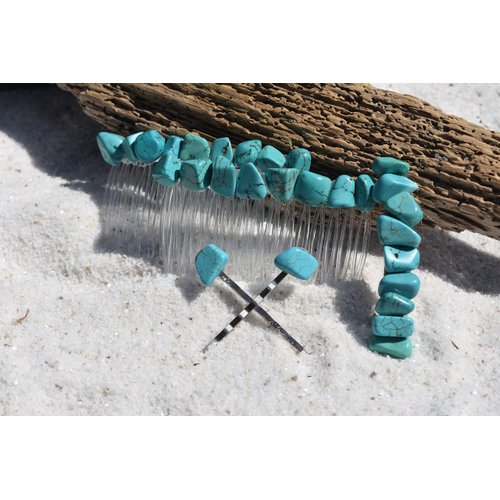 Turquoise Stone Hair Clip Set - Includes 2 Hair Combs, 1 60 mm French Barrette, 2 Hair Pins