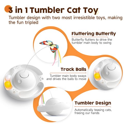 Potaroma Electric Fluttering Butterfly Cat Toys Smart Interactive Electronic Kitten Toy, Bell Track Balls, Indoor Exercise Cat Kicker, 3 AA Batteries Required (Bright White)