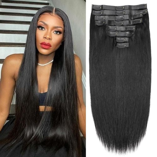 Seamless Clip in Hair Extensions Real Human Hair Full Head Natural Black PU Seamless Hair Extensions Straight 8pcs 120g Clip ins 100% Remy Human Hair Extensions For Women (20 inch, 1B)