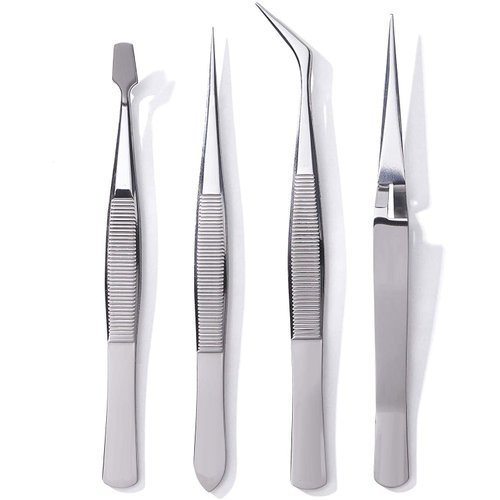 Edward Harden 4 Piece Stainless Steel Precision Tweezers Set - Tweezers for Jewelry, Cosmetic, Medical, Electronics - Anti Magnetic/Acid Resistant - Slant Tip, Point Tip, Round, Reverse Action
