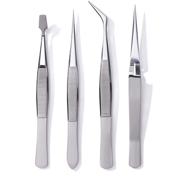 Edward Harden 4 Piece Stainless Steel Precision Tweezers Set - Tweezers for Jewelry, Cosmetic, Medical, Electronics - Anti Magnetic/Acid Resistant - Slant Tip, Point Tip, Round, Reverse Action