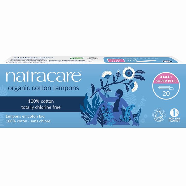 Natracare Non-Applicator 100% Organic Cotton Tampons, Super Plus, Totally Chlorine Free, Biodegradable and Compostable (1 Pack, 20 Tampons Total)