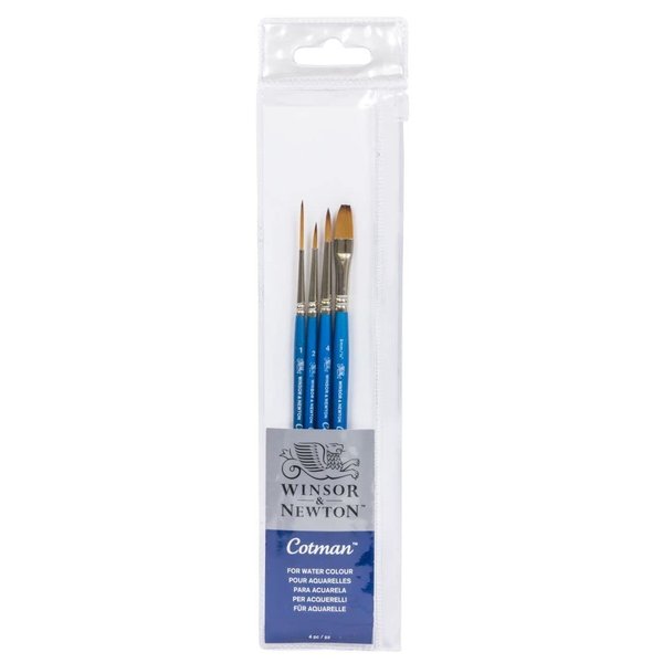 Winsor & Newton Cotman Short Handle Brushes, Set of 4, (Round 2 & 4, Rigger 1, One Stroke 1/4")