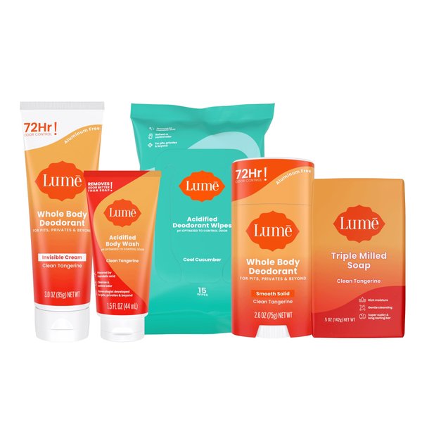Lume Whole Body Deodorant Starter Pack - Smooth Solid Stick, Invisible Cream Tube, Acidified Body Wash Mini & Deodorant Wipes - Aluminum & Baking Soda Free Odor Control, Skin Loving (Clean Tangerine)