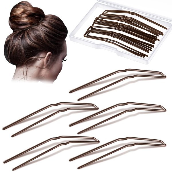 24 Pcs U Shaped Hair Pins Ballet Bobby Pins U Pin Hair Styling Pins Bobby Pins for Updo with Storage Box Metal U Bun Hair Forks for Women Girls Thick Thin Long Curly Hair(Brown, 3 Inch)