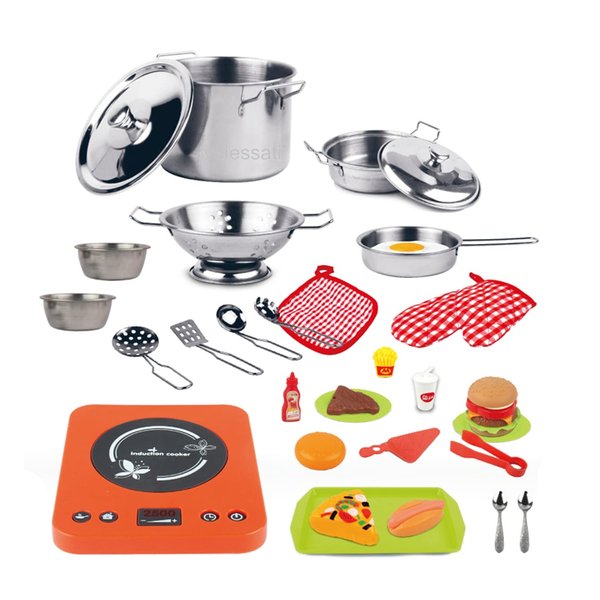Stainless Steel Box Kitchen Set and Food Play Kitchen Toys Cooking Set 31 Pieces for Toddlers Preschoolers Kids Girls Boys Age +3 Years by VALESSATI