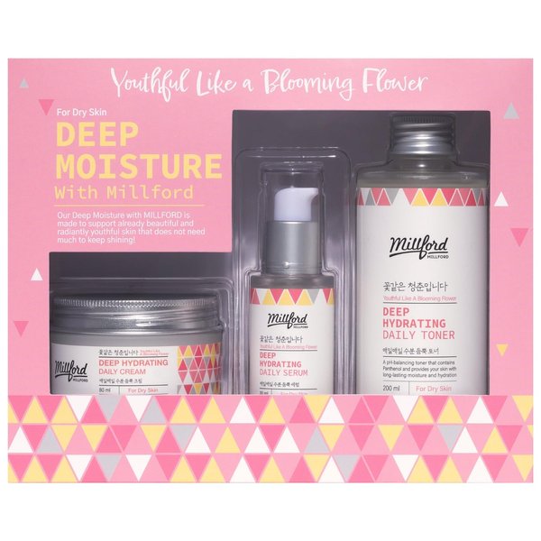 MILLFORD Deep Moisture Skincare Set with Panthenol and Hyaluronic Acid for Dry Skin, Moisturizing, Hydrating, Soothing, Face Moisturizing Set, Korean Skin Care, Gift Set