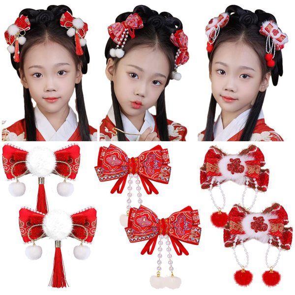 JarThenaAMCS 3 Pairs Chinese New Year Hair Clips Chinese Style Furry Balls Pearl Hair Barrettes with Tassels Red Hairy Bows Hair Pins Decor for Women Christmas Spring Festival Hair Accessories