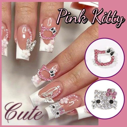 Kitty Nail Charms 25Pcs Kawaii Nail Charms for Acrylic Nails Y2K 3D Nail Rhinestones Gems Silver Diamond Nail Jewelry DIY Nail Art Decoration Supplies for Girls and Women