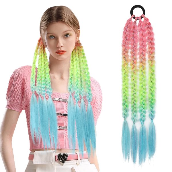 LONAI Colored Hair Extensions, 24” Colored Ponytail Extension for Women Braid Ponytail Extension with Rubber Bands Lightweight Tinsel Colorful Synthetic Hairpieces（Pink/Yellow/Blue C96）