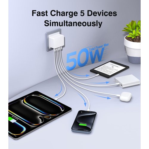 50W USB C Wall Charger Block Thin Flat Cube, 2Pack 5-Port Type C Charging Block Fast Dual Charger PD Power Adapter&QC 3.0 Wall Plug Multiport USB Brick for iPhone 16/15/14/13/12 Pro Max iPad Samsung