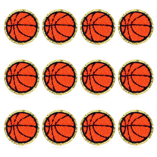 12 Pack Basketball Patch Gold Edges Chenille Patches Basketball Patches Iron On and Sew On Applique Sports Embroidered Patches Badge for Clothes Jeans Jacket Hat Dress Backpacks DIY Clothing Repair