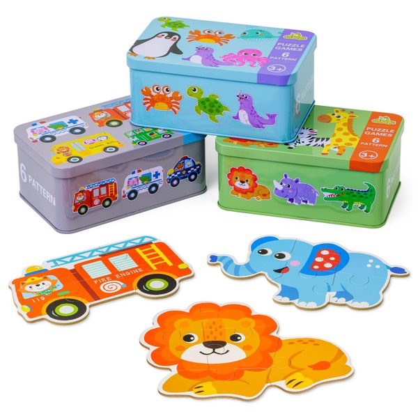 PLAYHIVE Montessori Wooden Puzzles for Kids Ages 3-5 - 3 Pack with 18 Shapes - Educational Toddler Toy Bundle - Gift for 3 Year Old Boys Girls - Wild Animals, Marine Animals & Cars Theme