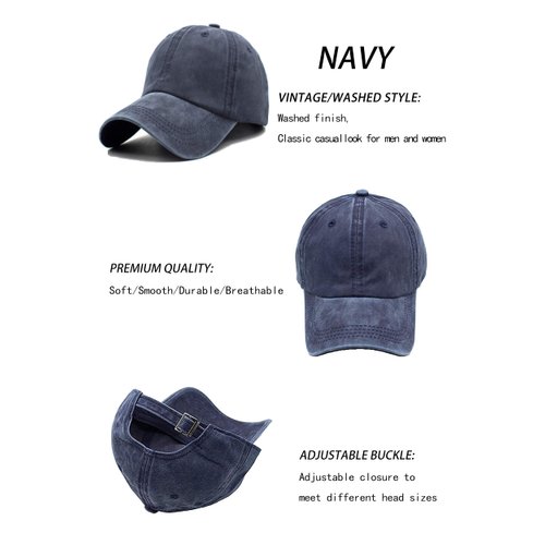 Unisex Vintage Washed Distressed Baseball Cap Twill Adjustable Dad Hat, H-navy, One Size
