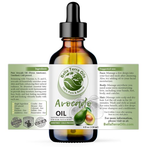 Bella Terra Oils - Avocado Oil 4oz - Pure Essence of Cold-Pressed Avocado, Boosted with Vitamin A, Impeccable for Mixing and Blending