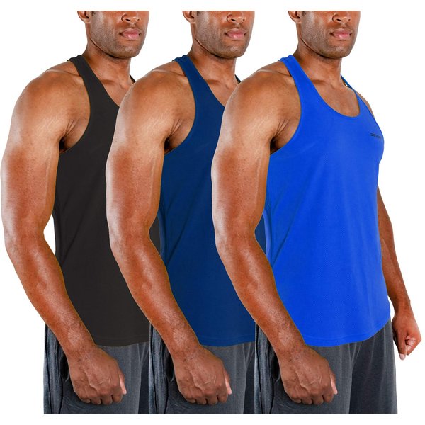 DEVOPS 3 Pack Men's Y-Back Dry Fit Muscle Gym Workout Tank Top (Medium, Black/Navy/Blue)