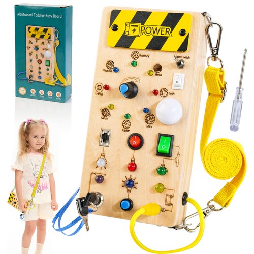 WOODMAM Montessori Toddler Busy Board, Baby Sensory Board Travel Toys with Strap, Wooden Planets Busy Board with LED Light, Learning Toys Birthday for Boy Girl Age 3+