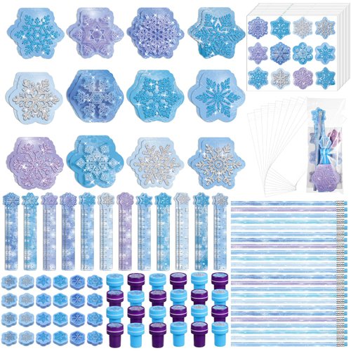 Cholemy 168 Pcs Winter Snowflake Party Favors Goodie Bags Stuffers Classroom Prizes Gifts Mini Notebook Pencil Stamp Sticker Stationery Set Christmas Winter Themed Birthday Party Favors