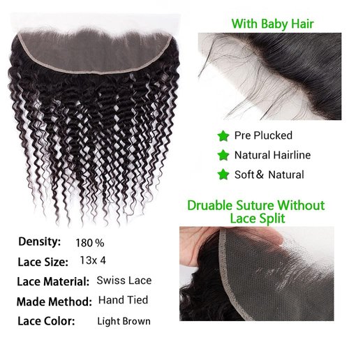 Lace Frontal Closure 13x4 Ear to Ear HD Lace Frontal Deep Wave Brazilian Virgin Human Hair Extensions Frontal Bleached Knots Pre Plucked With Baby Hair Natural Color 16 Inch