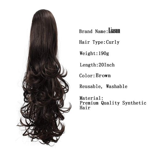 Liasun 20" 190g Curly Claw Clip Ponytail Hair Extension, Synthetic Hairpiece Long Curled Wavy Pony Tail Extension for Women Girls (Dark Brown)