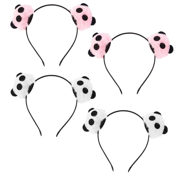Teensery 4 Pcs Faux Pompom Panda Headbands Cute Furry Hair Hoop for Women Girls Kids Cosplay Halloween Makeup Headpiece Hair Accessories