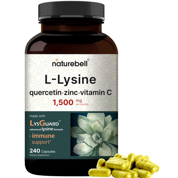 NatureBell L-Lysine 1,000mg Capsules + Quercetin 250mg with Vitamin C and Zinc, 240 Count | Free Form Amino Acids, L Lysine Complex | Immune Support, Lip & Skin Health Supplement