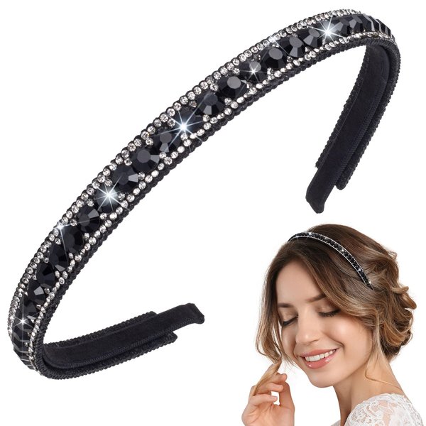HINZIC Non-Slip Rhinestone Headbands for Women, Sparkling Crystal Hair Bands for Bridal Wedding, Bling Diamond Hair Styling Clips Accessories for Girls- Black