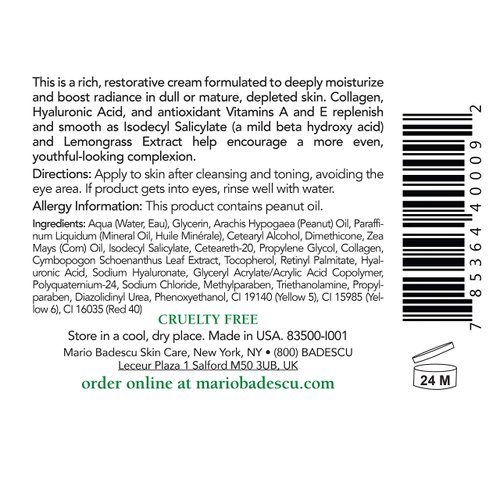 Mario Badescu Hydrating Moisturizer with Biocare & Hyaluronic Acid for Dry and Sensitive Skin |Moisturizer that Hydrates and Fights Aging |Formulated with Collagen & Hyaluronic Acid| 2 FL OZ
