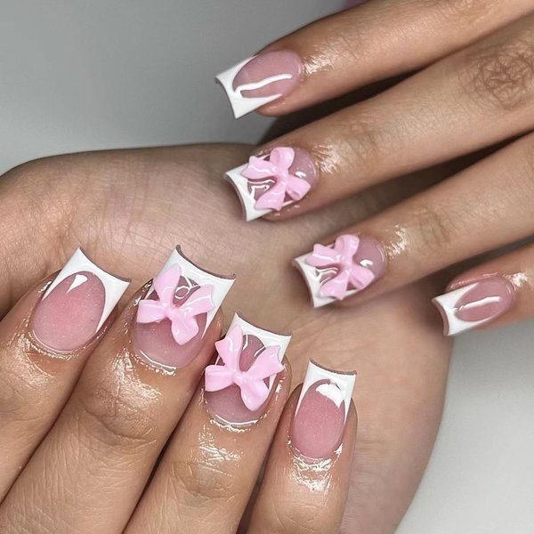 White French Tip Press on Nails with Pink Bow Designs Short Square Fake Nails Glue on Nails Glossy Nude Pink Manicure Art Acrylic Cute False Nails Stick on Nails for Women Girls 24Pcs