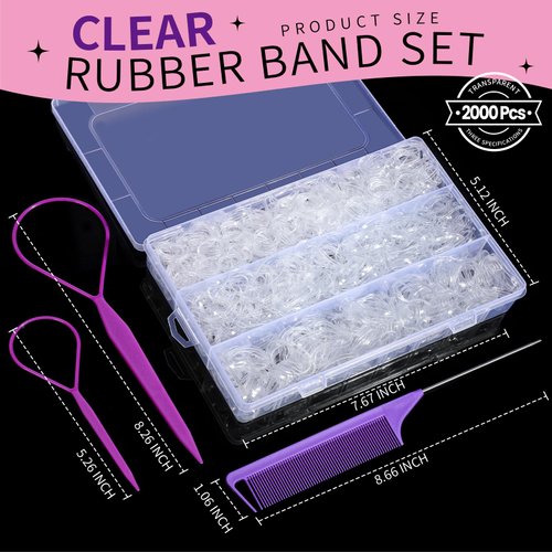 Clear Elastics Hair Ties, YGDZ 2000PCS Rubber Bands for Hair with Organizer Box,Hair Accessories for Girls, Women, Kids, Toddlers, Assorted Sized Clear Hair Elastics Bands for Fine Hair, Thick Hair